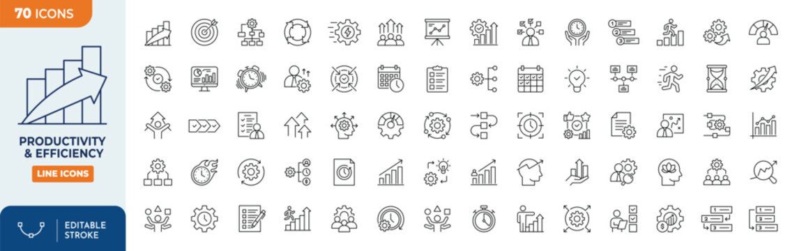 productivity and efficiency icon set. Outline Icon Collection. Editable stroke. Vector illustration	