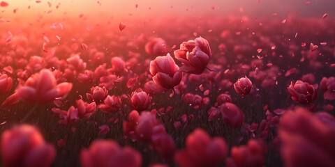 Crimson floral field at sunset