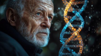 The concept of genetic science. Portrait of an old serious man posing with  color DNA.