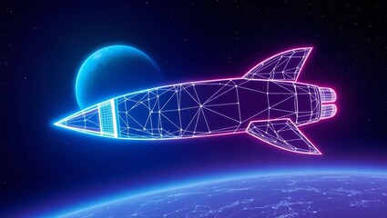 Obraz premium A Futuristic Rocket Ship Embarking On A Daring Interstellar Journey, Soaring Past A Vibrant Blue Planet Under A Starry Sky With Neon Glowing Lines