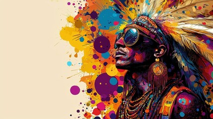 Vibrant Portrait of a Native American Man with Colorful Feathers and Artistic Background