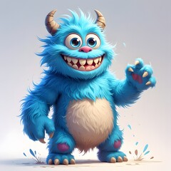 Naklejka premium A tall furry monster with bright blue fur, has big adorable eyes and a wide smile with one protruding fang.