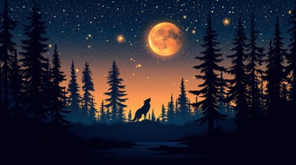 Naklejka premium Lone Wolf Howling Under Full Moon in Starry Night Sky Surrounded by Pine Trees