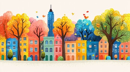 Obraz premium Colorful Urban Landscape with Vibrant Trees and Charming Buildings in a Scenic Setting