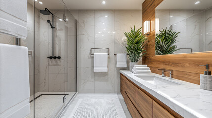 Modern bathroom design featuring sleek glass shower and marble countertops with wooden accents in a high-end home setting