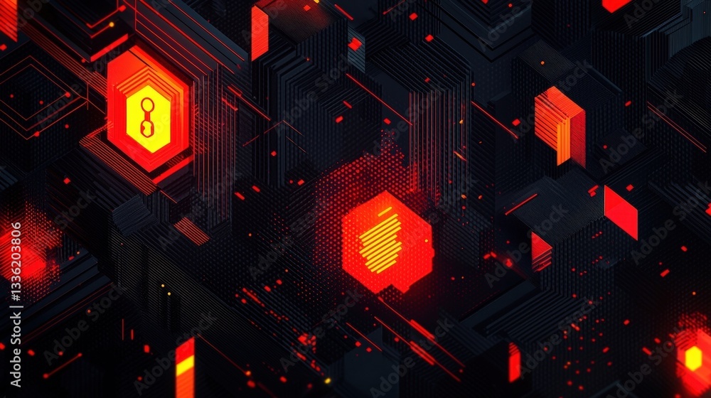 Poster abstract digital background with glowing orange shapes and intricate black patterns design