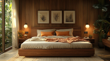 Cozy bedroom interior with inviting warmth and modern design featuring a large bed and ambient lighting
