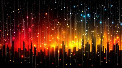 Colorful City Skyline with Sparkling Lights and Abstract Design Elements at Night