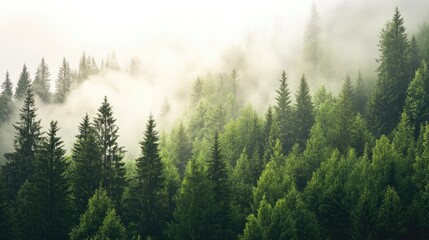 Lush green forest shrouded in mist, showcasing towering trees and a serene atmosphere in nature's embrace