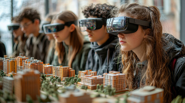Students engage in collaborative project exploring virtual city models with augmented reality technology in a modern classroom