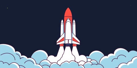Simple line drawing of cartoon space shuttle launching with boosters, cartoon, spaceship