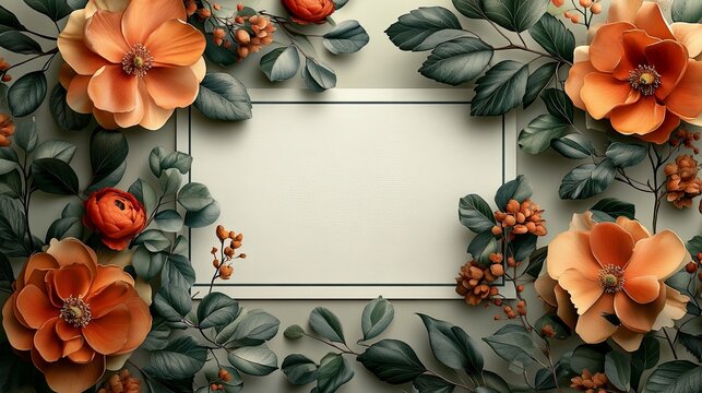 Delicate floral arrangement with orange flowers and green leaves surrounding a blank space for customization