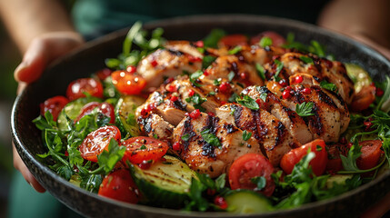 Keto lifestyle preparation with fresh vegetables and grilled chicken in a modern kitchen