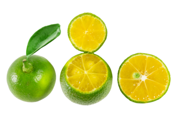 Three calamansi limes are arranged horizontally, one whole and two halved, with a green leaf on the stem adding a natural contrast.