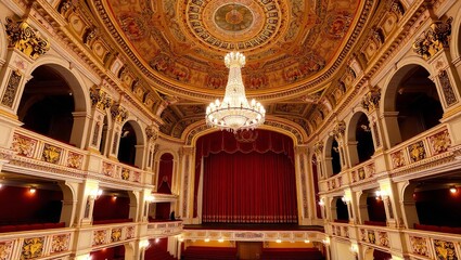 Fototapeta premium A Majestic Opera House Awaits The Evenings Performance, Its Gilded Detailing And Grand Chandelier Promising A Night Of Unforgettable Artistry Under A Breathtaking Painted Ceiling