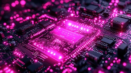 Obraz premium Futuristic Electronic Circuit Board with Vibrant Pink Lights and Microchips in Abstract Design
