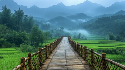 Fototapeta premium Tranquil bamboo bridge over rice paddies, misty mountains