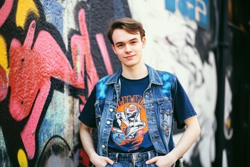Retro denim fashion with vibrant street art in a city alley during daylight