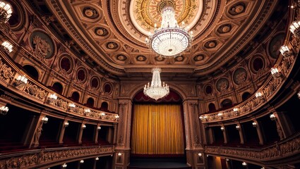 Obraz premium A Grand, Opulent Theater Awaits The Curtains Rise, Promising A Night Of Breathtaking Performances Under Shimmering Crystal Chandeliers And Rich, Golden Tones