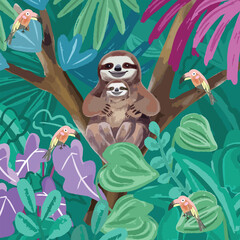 watercolor cute mom and baby sloth cartoon with hornbill bird in botanical tropical forest © nalinee
