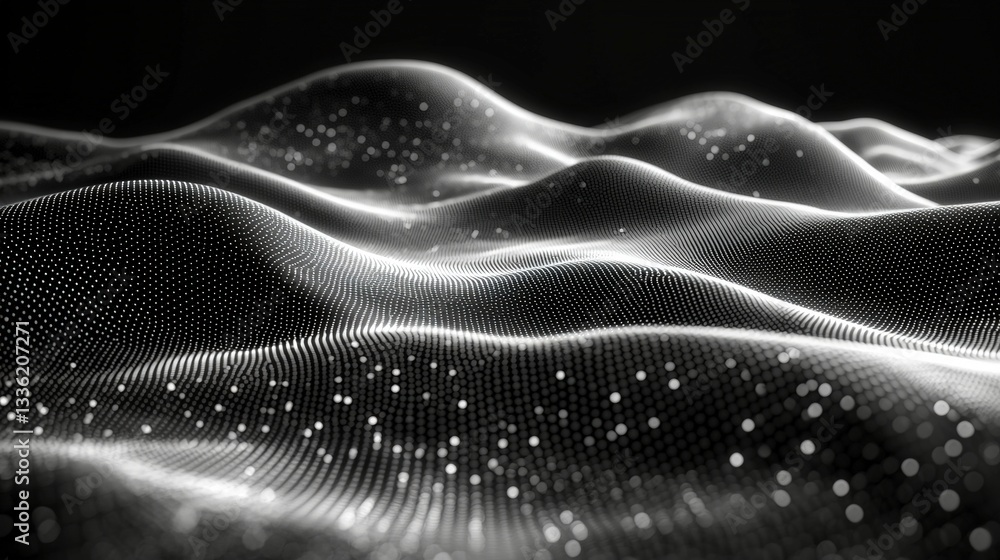 Poster abstract black and white waves with glowing particles in a dynamic fluid motion