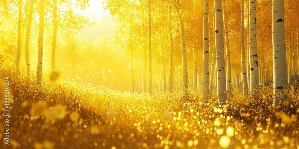 Poster golden forest path: sunlight streams through a forest of golden trees, illuminating a winding path a