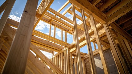 Partially built house framing with wooden beams, showcasing the early construction phase, structural framework, and craftsmanship in residential building development.