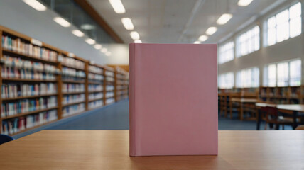 Copy space of a book with blank pink cover on the table under blurred school library background for mock up, 3D model & rendering