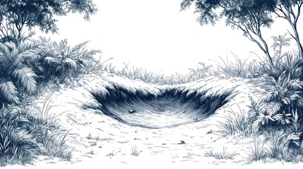 Obraz premium Jungle clearing, hidden valley, pencil sketch, nature scene