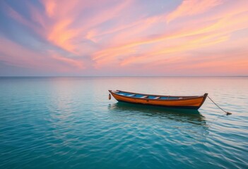 Naklejka premium Simple flat-bottomed boat on calm water, serene scene, lake, raft