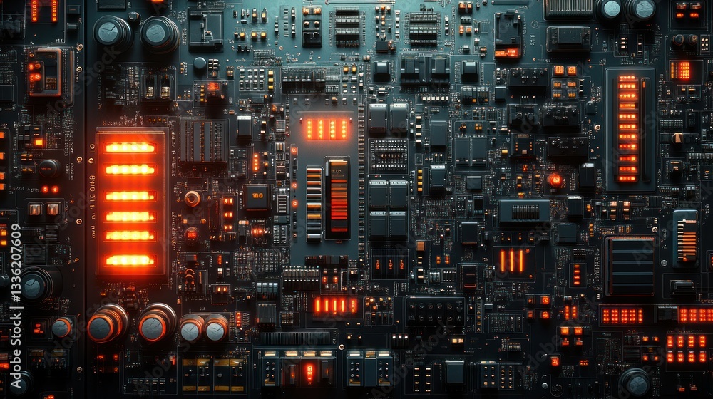 Poster high-tech circuit board with glowing components