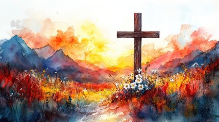 Obraz premium Wooden cross adorned with white flowers and greenery hanging on a white wood background, creating a serene and spiritual atmosphere