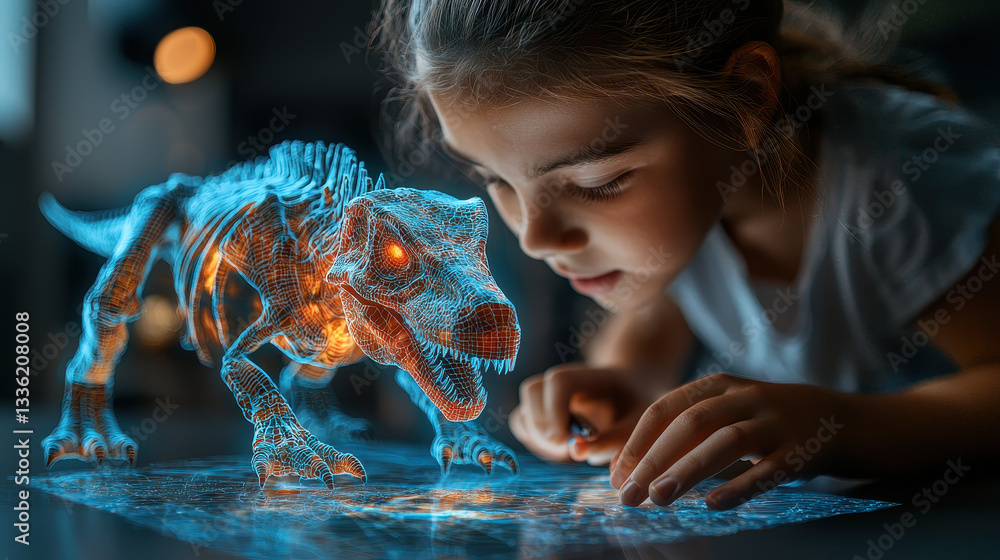 Poster teacher uses ar app to engage students with a 3d dinosaur skeleton in a modern classroom setting