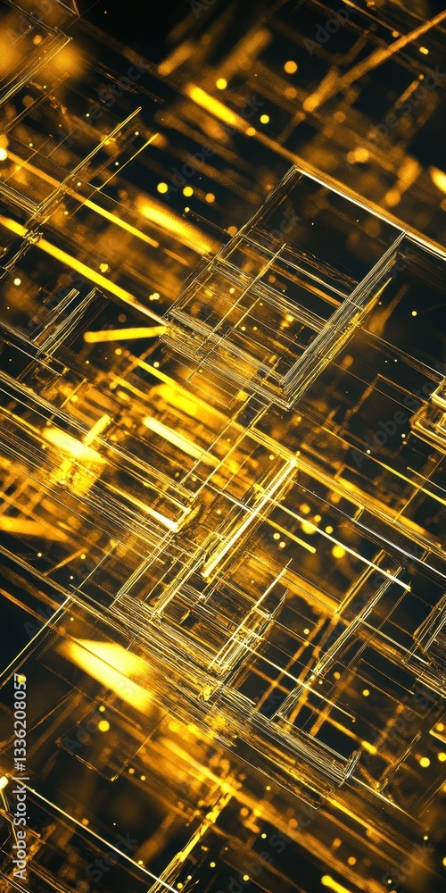 Poster cybernetic lines: an abstract depiction of golden lines, forming a complex, interconnected network, 