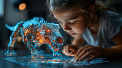 Teacher uses AR app to engage students with a 3D dinosaur skeleton in a modern classroom setting
