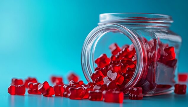 Red heart-shaped gummy candies spilling from a glass jar