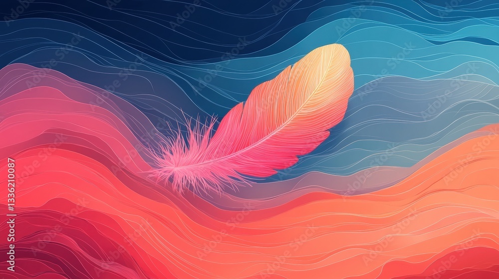 Poster colorful abstract feather on flowing waves in gradient background art design