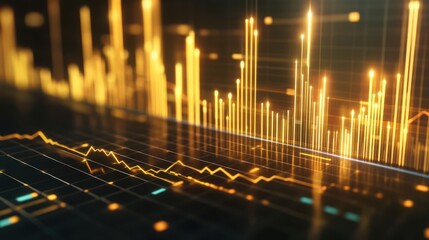 Golden charts showing growing stock market investment data on a grid background