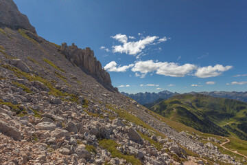 Summer panorama of Mount Agnello seen from path to Latemar summit. UNESCO world heritage site, Trentino-Alto Adige, Italy, Europe