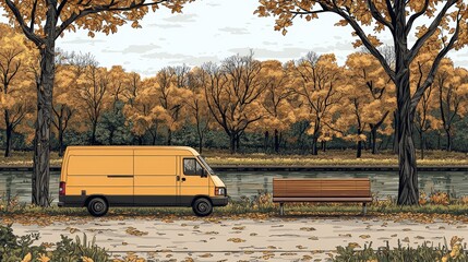 Obraz premium Yellow Delivery Van Parked by Scenic Autumn Landscape with Trees and Bench by the Water
