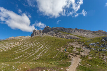 Panorama of southern side of Latemar summit with Torre di Pisa alpine hut. UNESCO world heritage site, Trentino-Alto Adige, Italy, Europe