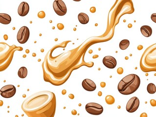 Obraz premium Abstract pattern of coffee beans and cream splashes on a white background