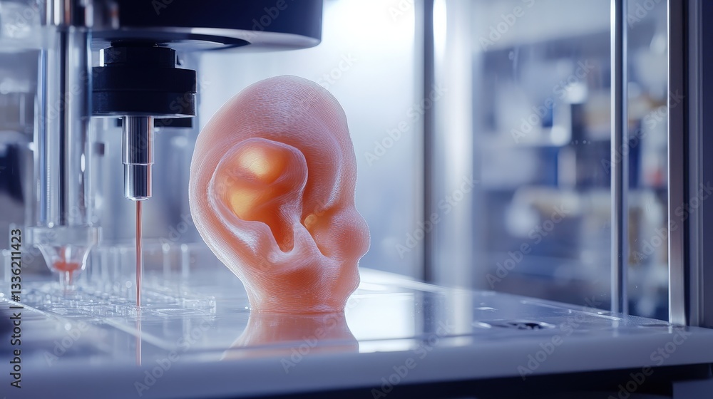 Poster a time-lapse sequence of a 3d-printed ear growing in a sterile lab chamber, its tissue forming with 
