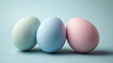 Three pastel Easter eggs on soft blue background