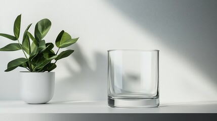 White vase with a green plant in it on the left side and a glass on the right side. the vase is made of ceramic and has a round shape with a narrow neck.