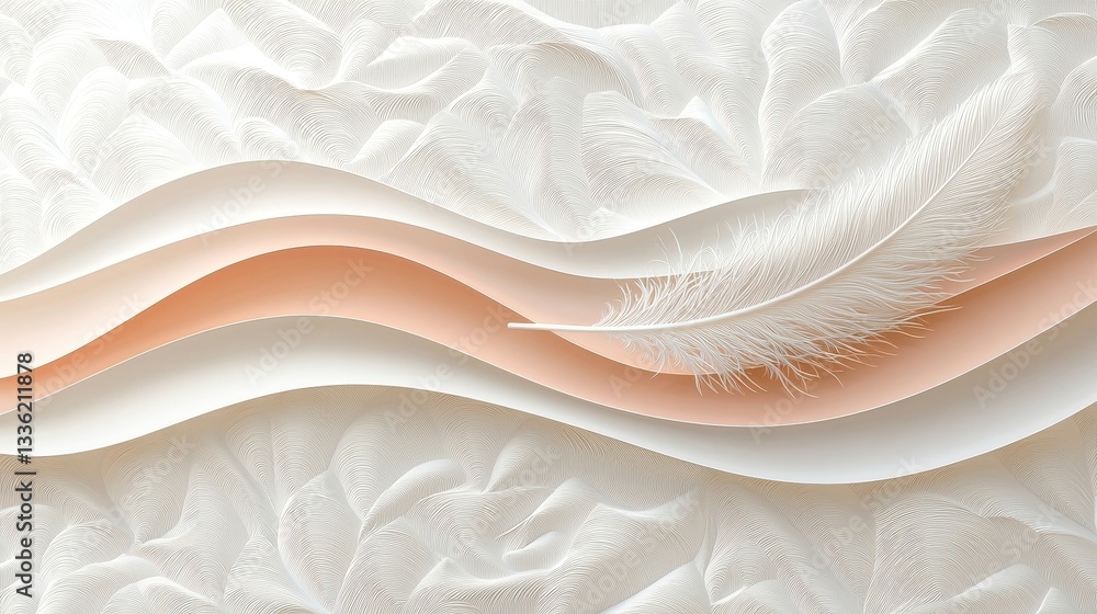 Poster white feather on soft waves of paper texture in elegant minimalist background design