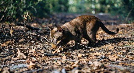 Fototapeta premium Photograph a Havana Brown Cat Exploring a Pile of Dry, Fallen Leaves and Twigs in a Shaded Oasis Grove, Its Lithe, Compact Body Navigating the Uneven Terrain_