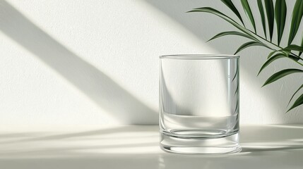 Glass tumbler on a white surface with a green plant on the right side. the glass is empty and is placed in the center of the image.