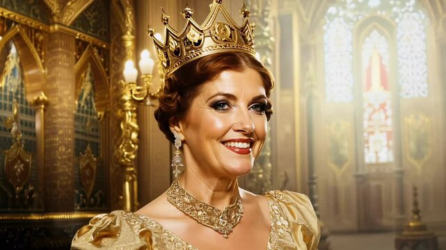Elegant queen in golden royal gown and crown smiling inside opulent palace. Concept of royalty, monarchy, noble woman, historical luxury, regal elegance, medieval aristocracy, royal heritage
