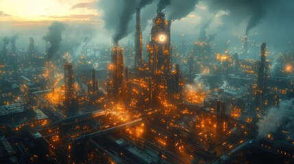 Obraz premium Industrial Cityscape Sunset Pollution Factory Aerial